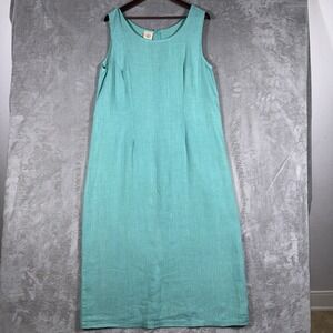 Tom Tom Maxi Dress Womens Large Aqua 100% Linen Made In USA Vintage Classic Chic